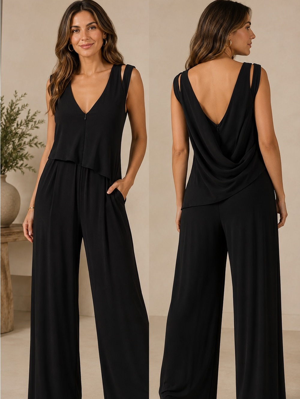Ralph Lauren Black Wide-Leg Jumpsuit with Draped Bodice